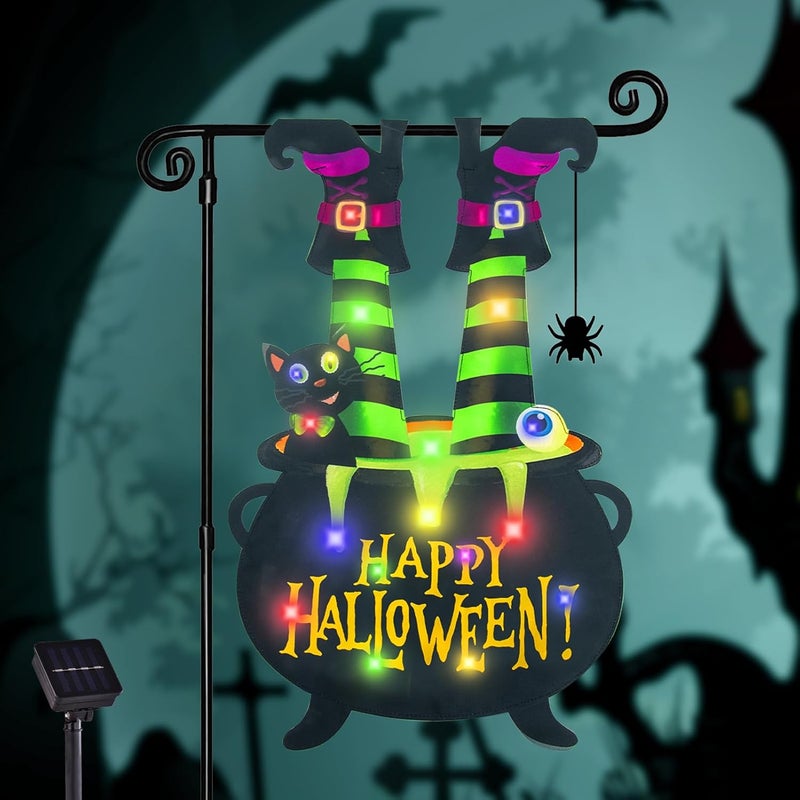 FLAGMESAGE Halloween Lighted Garden Flag for Outside, Led Solar Yard Flag 8 Modes Witch Feet Shape Flag, 12x18 Double Sided Cauldron Eyeball Black Cat Decorations for Home Porch - Image 1